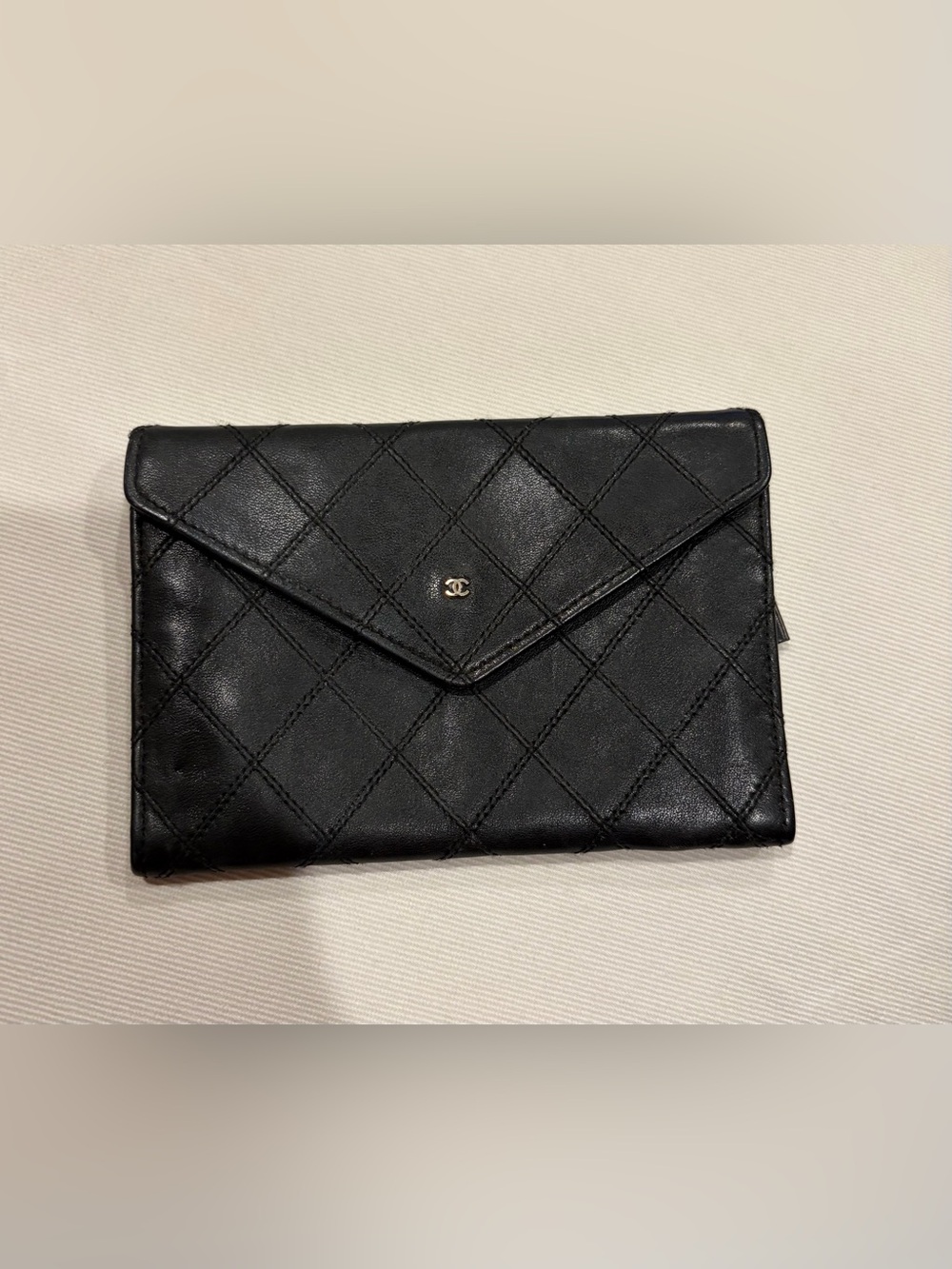 Chanel CC Black Leather Quilted Flap Envelope Wallet Clutch